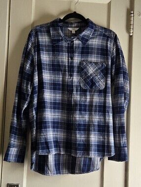 Time And Tru Blue Plaid Button-Up  Shirt - Casual Long Sleeve